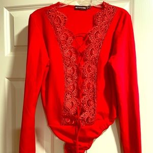Red lace & tie front bodysuit